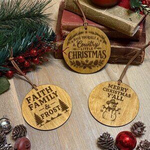 Wood Burned Christmas Ornaments Set of 3 Rustic Country Christmas Tree Decor